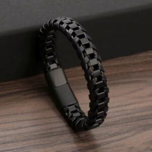 High-Quality Magnetic Clasp Multi-Layer Braided Stainless Steel and Leather Bracelet for Men